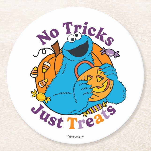 Cookie Monster | No Tricks Just Treats Round Paper Coaster (Front)