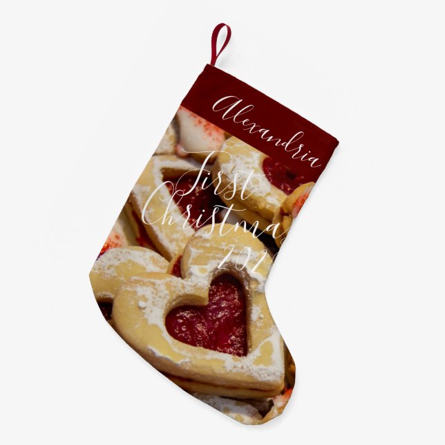 Cookie Sugar & Spice Girly Red Photo First Small Christmas Stocking (Front (Hanging))