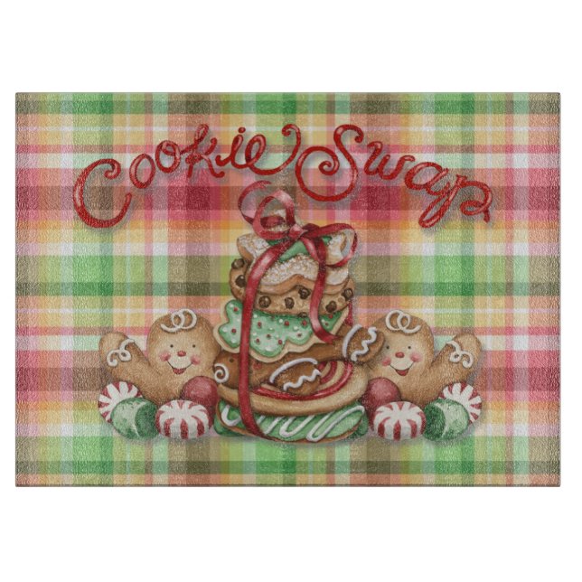 Cookie Swap Gingerbread Plaid Cutting Board (Front)