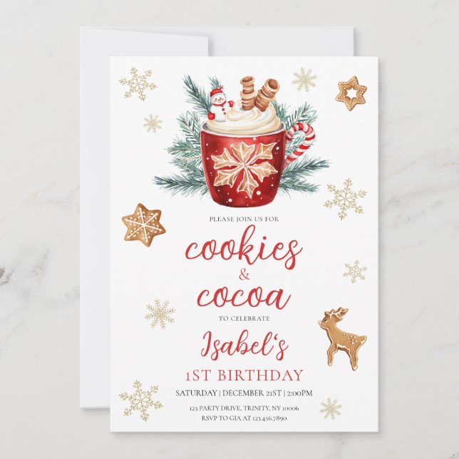 Cookies and Cocoa Christmas Birthday Party Invitation (Front)