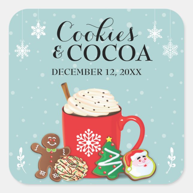 Cookies and Cocoa Christmas Holiday Party Square Sticker (Front)