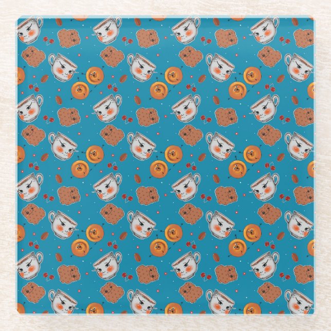 Cookies, buns: blue background pattern glass coaster (Front)
