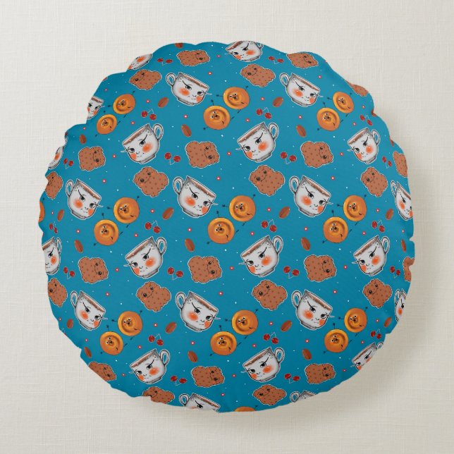 Cookies, buns: blue background pattern round pillow (Front)