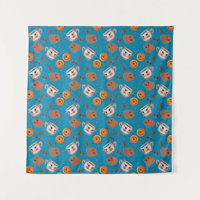 Cookies, buns: blue background pattern tapestry (Front)