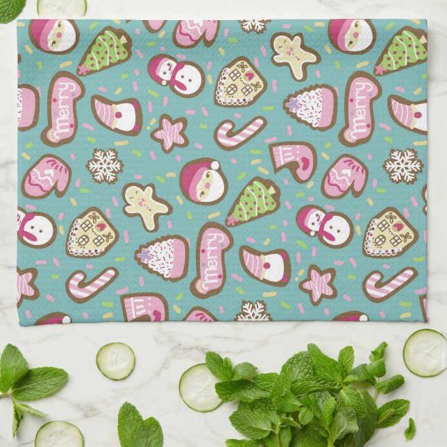 Cookies Christmas Turquoise Kitchen Towel (Folded)