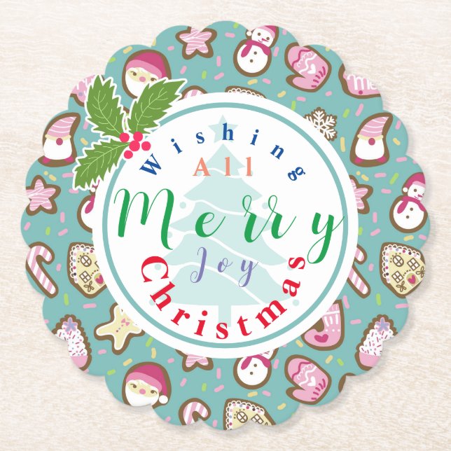 Cookies Christmas Turquoise Paper Coaster (Front)