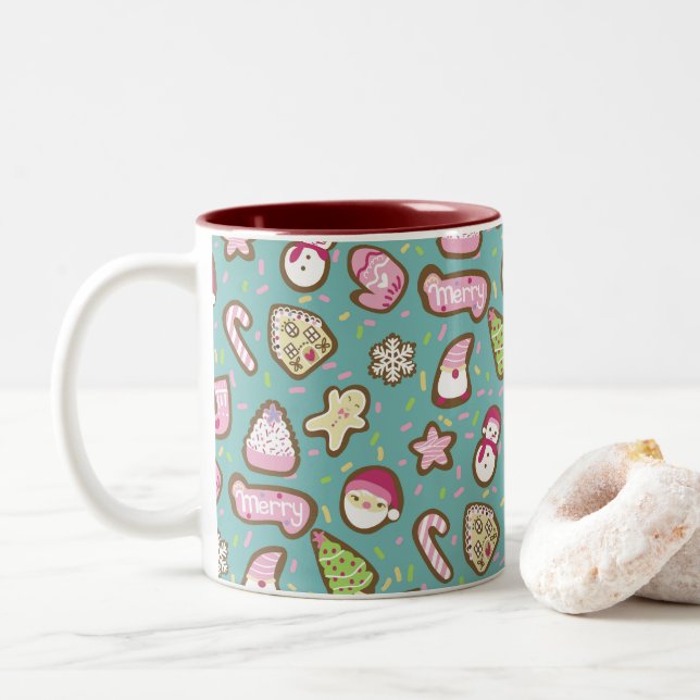Cookies Christmas Turquoise Two-Tone Coffee Mug (With Donut)