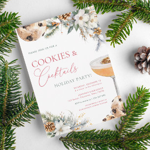Cookies Cocktails White Floral Adult Holiday Party Invitation