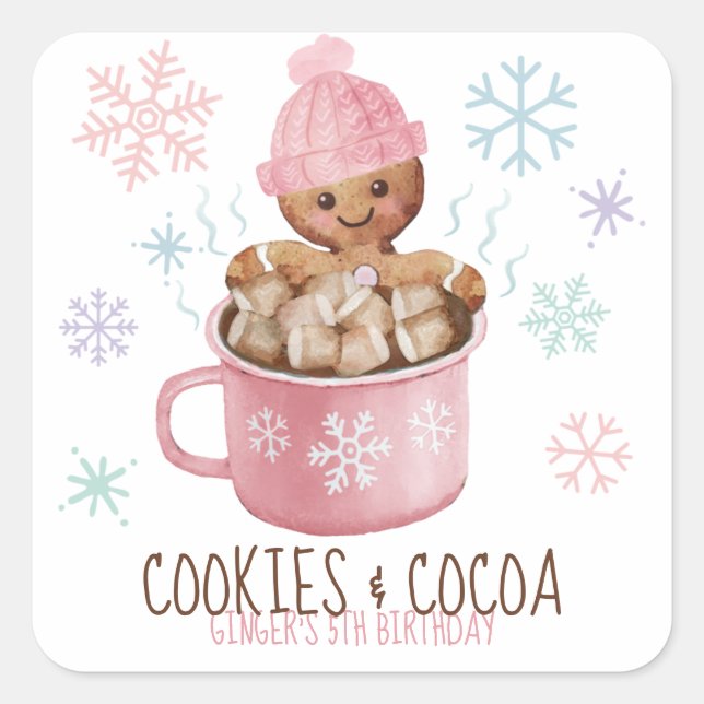 Cookies & Cocoa Gingerbread Girl Winter Birthday Square Sticker (Front)