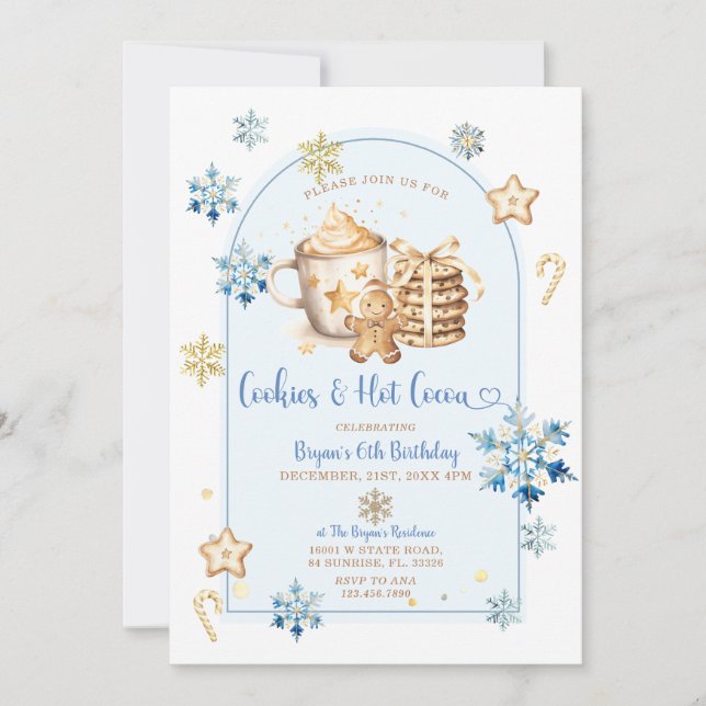Cookies & Hot Cocoa Blue Snowflakes 6th Birthday Invitation (Front)