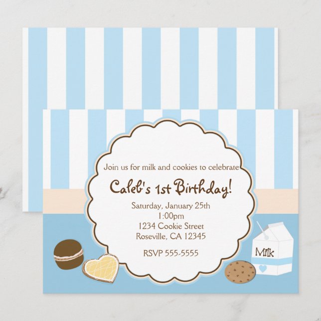 Cookies & Milk Blue Birthday Party Invitations (Front/Back)