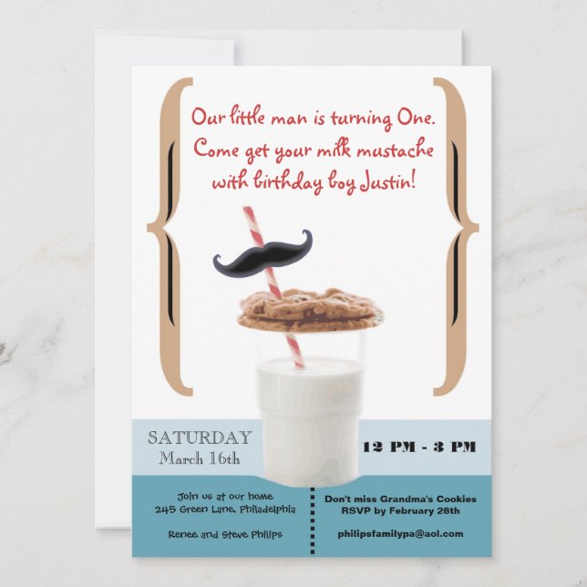 Cookies & Milk Moustache for First Birthday Boy Invitation (Front)