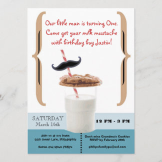 Cookies & Milk Moustache for First Birthday Boy Invitation
