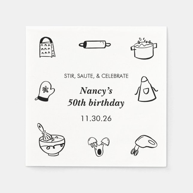Cooking Birthday Party Hand Drawn Chef Minimalist  Napkin (Front)
