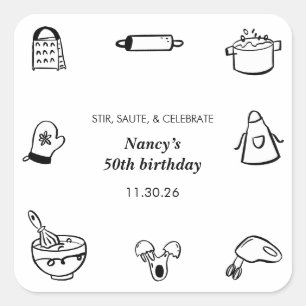 Cooking Birthday Party Hand Drawn Chef Minimalist  Square Sticker