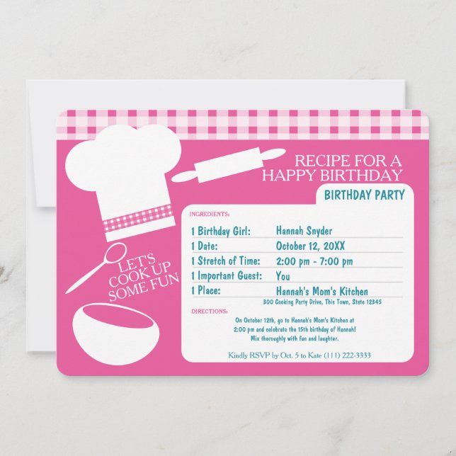Cooking Birthday Party Recipe Pink Invitation (Front)