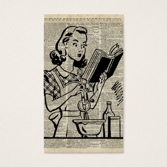 Cooking Girl Illustration over Old Book Page (Front)