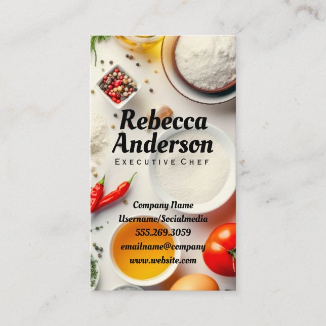 Cooking Ingredients on White Table | Chef Business Card (Front)