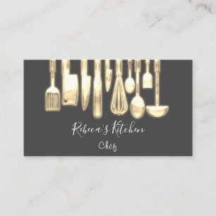 Cooking Logo Chef Restaurant Golden Knifes Grey  Business Card