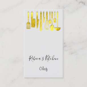 Cooking Logo Chef Restaurant Gray Golden Knifes Business Card