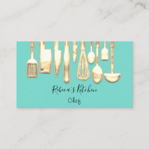 Cooking Logo Chef Restaurant Stylish Knifes Aqua  Business Card