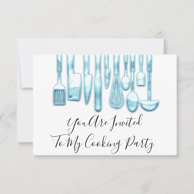 Cooking Party Chef Golden Kitchen Blue White Invitation (Front)