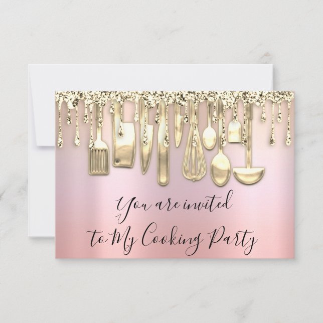 Cooking Party Chef Kitchen Gold Rose Ombre Invitation (Front)