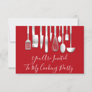 Cooking Party Chef Kitchen Restaurant Red Silver Invitation