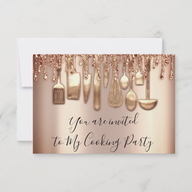 Cooking Party Chef Kitchen Rose Gold Drips Metal Invitation (Front)