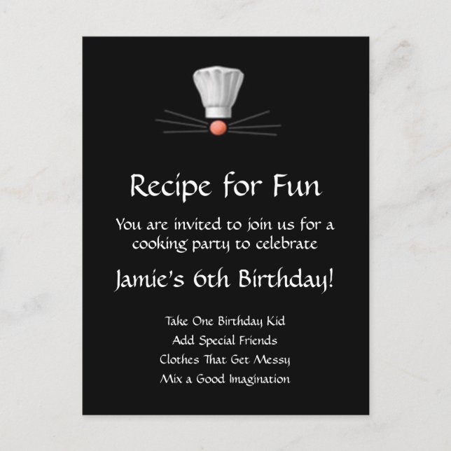 Cooking Party Template: Black and White Invitation Postcard (Front)