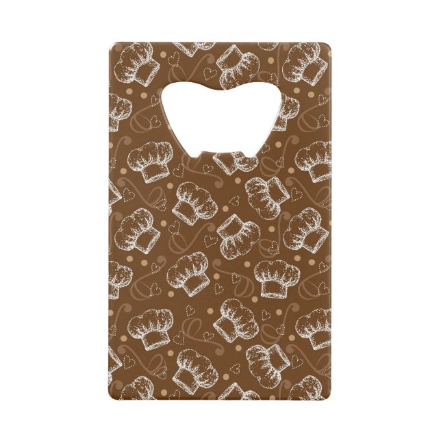 Cooking pattern with chef hat credit card bottle opener (Front)