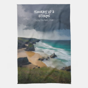 Cooking up a storm moody beach teal sea kitchen towel