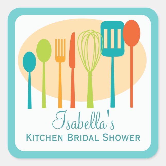 Cooking Utensils Kitchen Bridal Shower | Teal Square Sticker (Front)