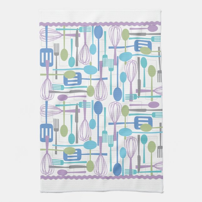 Cooking Utensils Kitchen Towel in Cool Colours (Vertical)