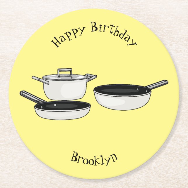 Cookware sets cartoon illustration round paper coaster (Front)