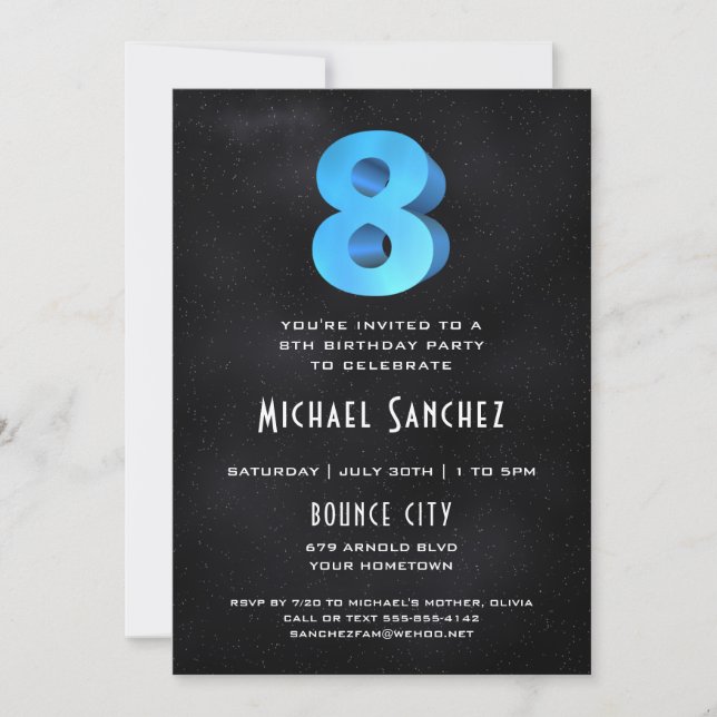 Cool 3D on Black 8th Birthday Party Invitation (Front)