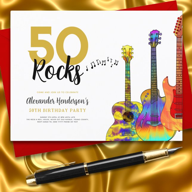 Cool 50 rocks guitar 50th birthday party  invitation postcard (Rock and roll guitar 50 rocks 50th birthday party invitation with funky colorful guitars)
