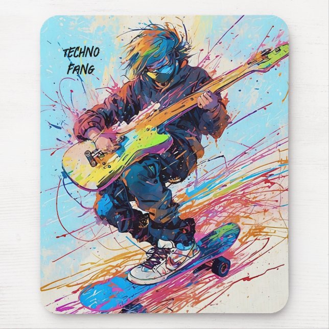 Cool Abstract anime skateboarder guitarist Mouse Pad (Front)