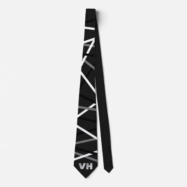 Cool Abstract Black White Striped Guitar Initials Tie (Front)