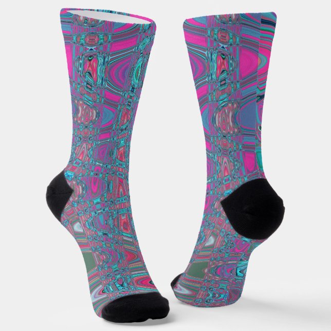 Cool Abstract Blue and Magenta Retro Zigzag Waves Socks (Angled)