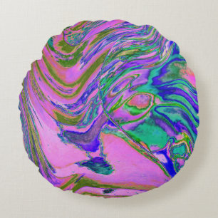Cool Abstract Chartreuse and Hot Pink Groovy Retro Round Pillow