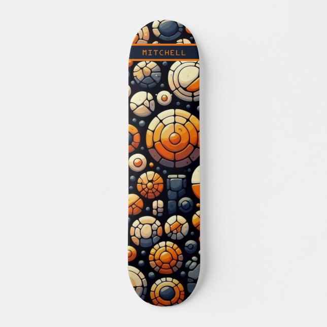 Cool Abstract Circles Navy Orange Skateboard (Front)