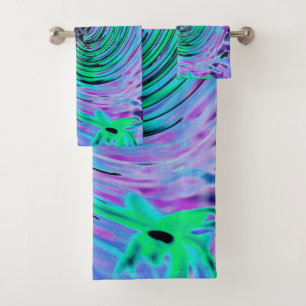 Cool Abstract Lime Green and Purple Floral Swirl Bath Towel Set