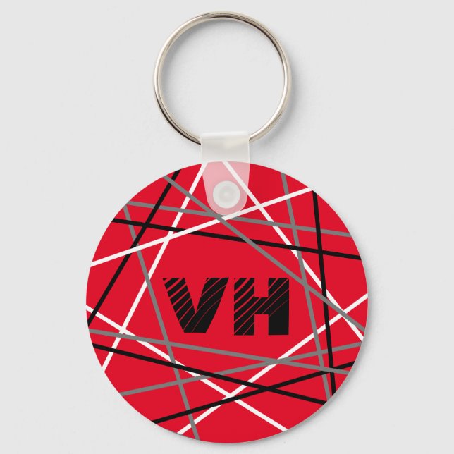 Cool Abstract Red Striped Guitar Name Initials Keychain (Front)