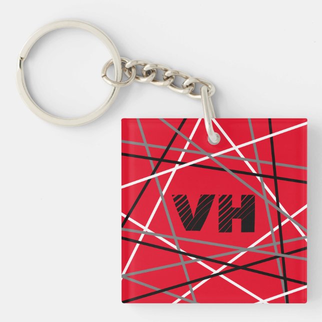 Cool Abstract Red Striped Guitar Name Initials Keychain (Front)