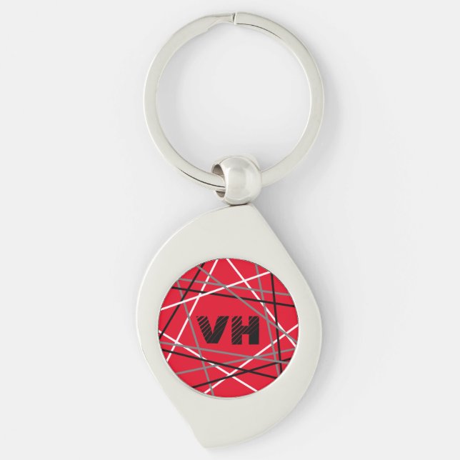 Cool Abstract Red Striped Guitar Name Initials Keychain (Front)