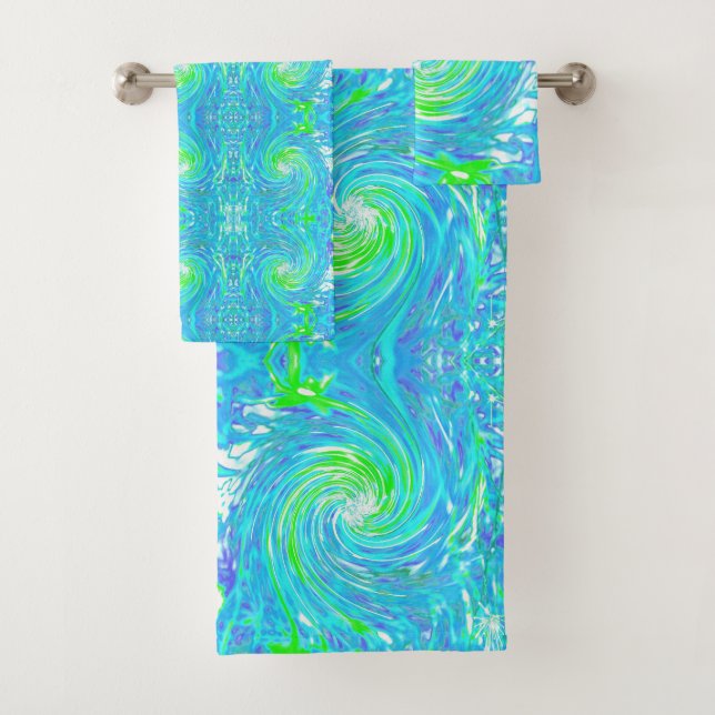 Cool Abstract Retro Aqua and Lime Green Swirl Bath Towel Set (Insitu)