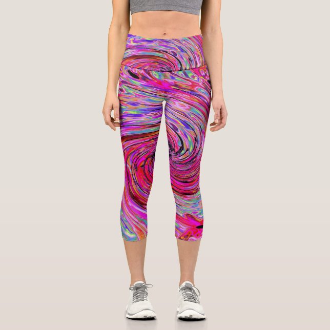 Cool Abstract Retro Hot Pink and Red Floral Swirl Capri Leggings (Front)