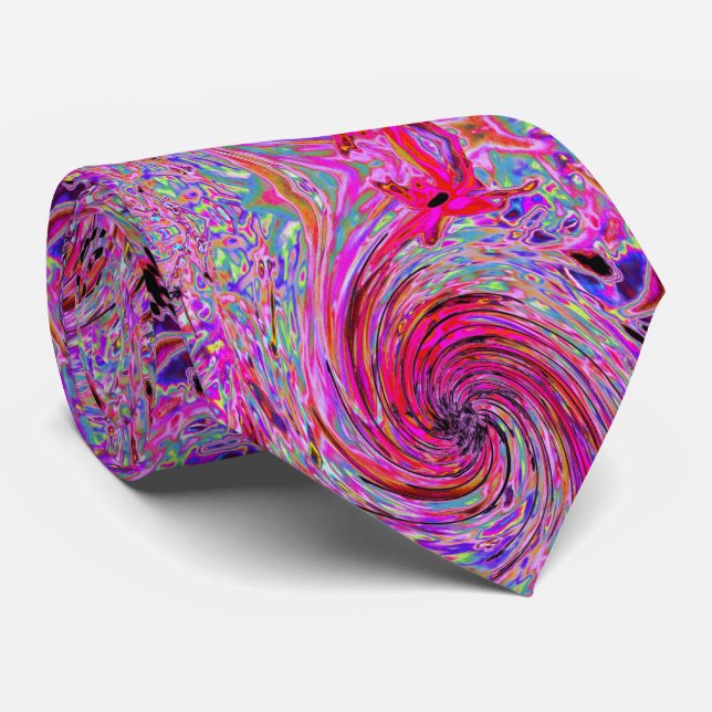 Cool Abstract Retro Hot Pink and Red Floral Swirl Tie (Rolled)