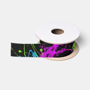 Cool Abstract Retro Rainbow Paint Splatter Black Satin Ribbon